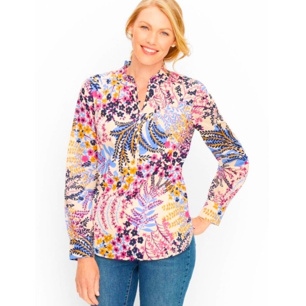 Talbots Floral Ruffle Neck Popover Popping Garden Floral Long Sleeve Blouse